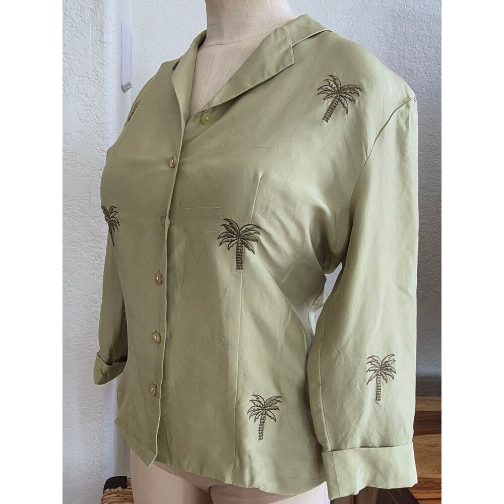 Silkland Embroidery palm trees design Vtg. 100% Silk Button Up, Blouse Sz S